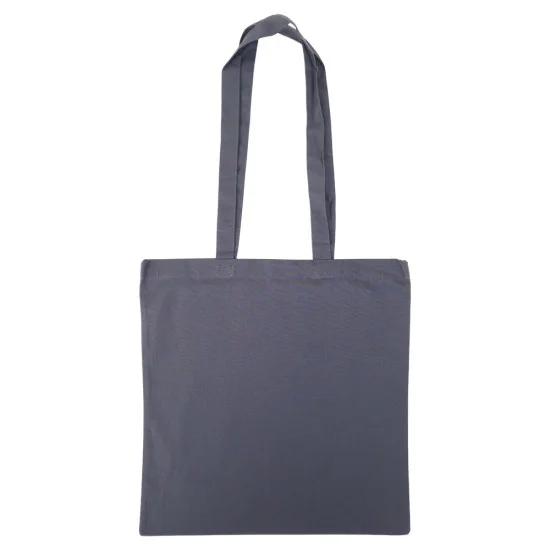 Mörkgrå tygkasse hängande i profil med långa handtag