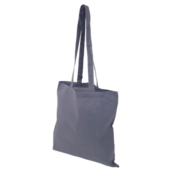 Mörkgrå tygkasse hängande i profil med långa handtag